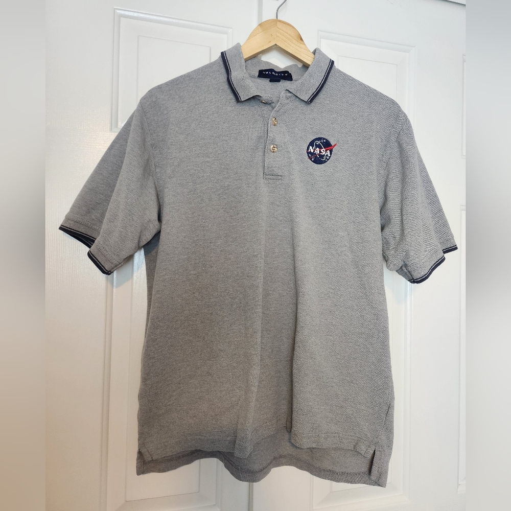 Velocity Gray Vintage Polo with Nasa Embroidered Logo Cotton Men's Shirt Size XL